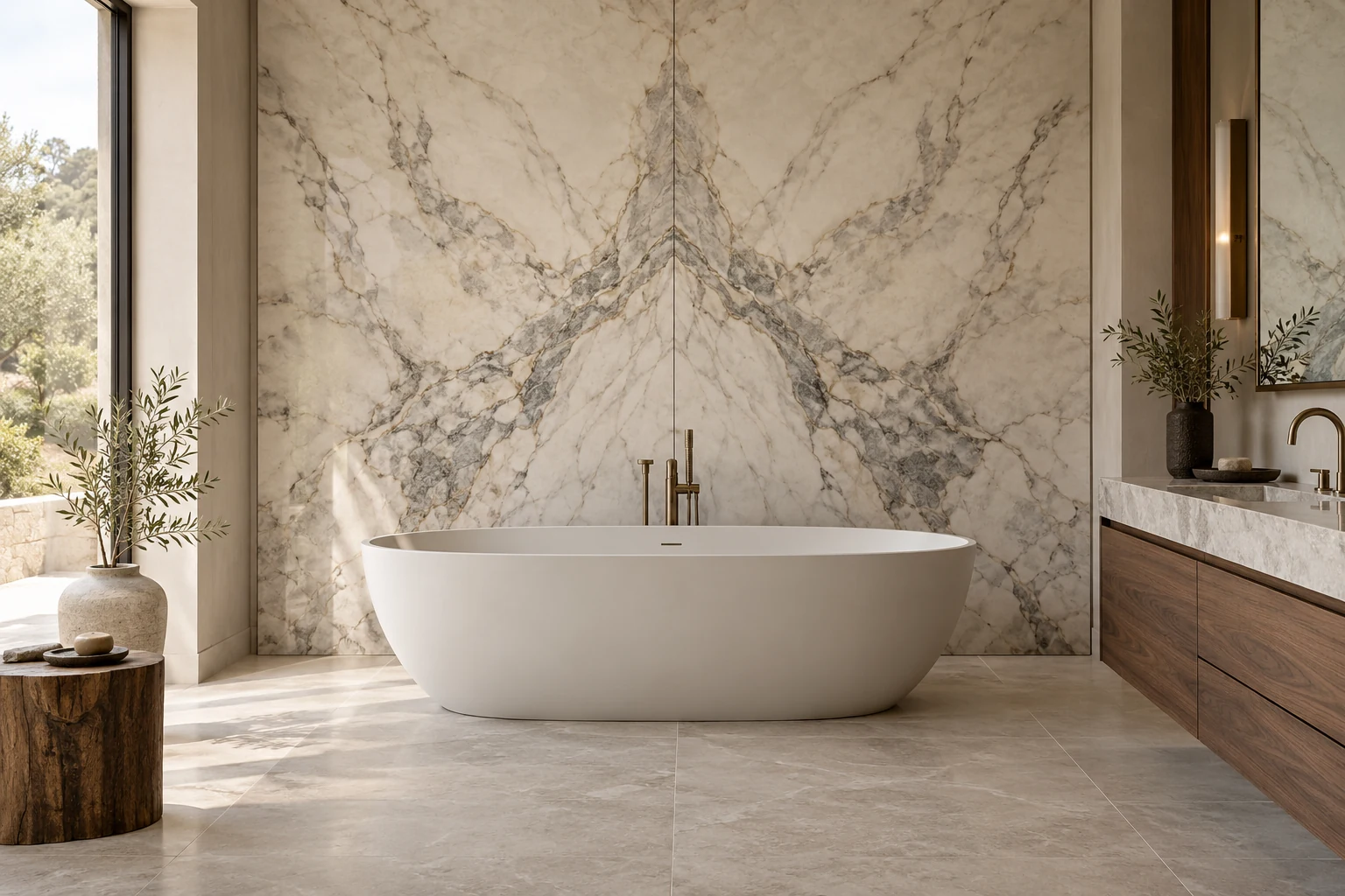 Bookmatched marble bathroom Two mirrored marble slabs frame a freestanding bath, with a walnut vanity, brass fittings and soft daylight.