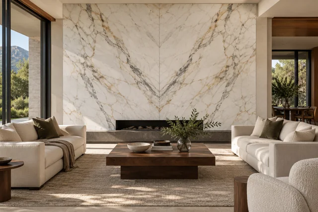 A full-height white marble wall with mirrored grey and gold veins, cream seating and walnut furniture.