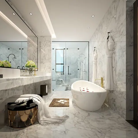 White marble with grey veining is used for the bathroom walls and floor, alongside clean architectural lines and contemporary fittings.