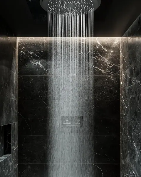 Black marble with white veining is used for the shower walls, alongside a golden glow and contrasting dark finishes.