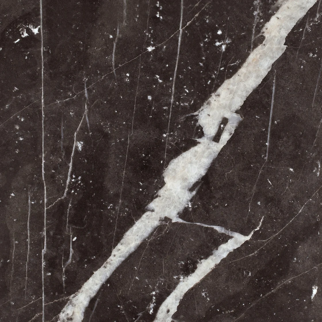 Montana Silver Ice | ladrilho de mármore Montana Silver Ice ladrilho de mármore — um fundo quase preto, um veio branco diagonal marcante com linhas finas cruzadas
